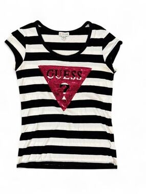 Y2K GUESS Black White Striped Top Pink Sequin Logo Women’s Size L